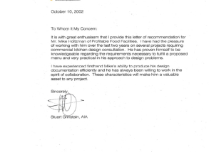 Williams & Paddon, Architects & Planners, Inc. Profitable Food Facilities Recommendation Letter