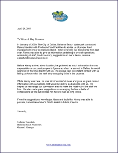 Profitable Food Facilities Worldwide Recommendation Letter