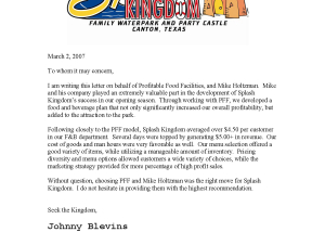 Splash Kingdom Profitable Food Facilities Recommendation Letter