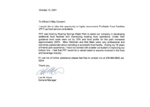 Roaring Springs Waterpark Profitable Food Facilities Recommendation Letter