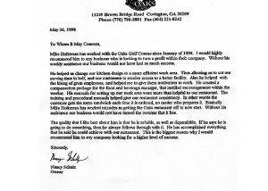 Oaks Golf Course Profitable Food Facilities Recommendation Letter