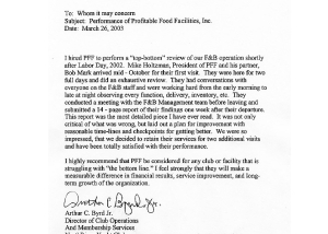 NorthRiver Yacht Club Profitable Food Facilities Recommendation Letter