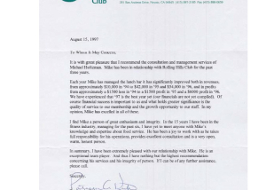 Rolling Hills Club Profitable Food Facilities Recommendation Letter